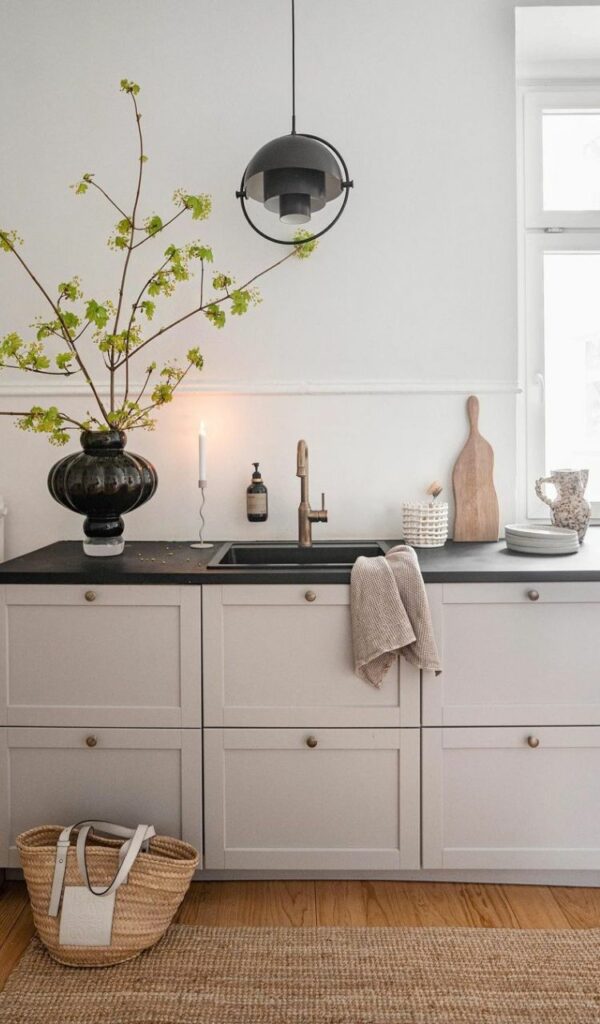 La cucina essenziale punta su pareti e mobili bianchi e tanta luce naturale