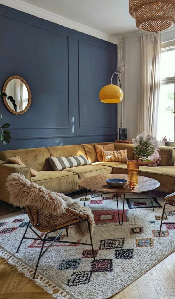 Un grande divano a elle color senape e un tappeto dalla lavorazione artigianale nella sala dalla parete blu