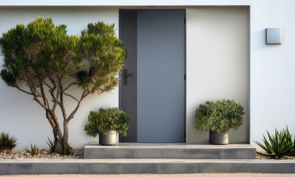 Una porta di ingresso dalla linea e il colore sobri per una facciata elegante