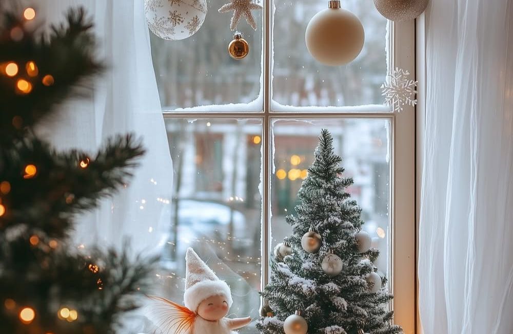 Un esempio per decorare le finestre con alberello, palline e neve