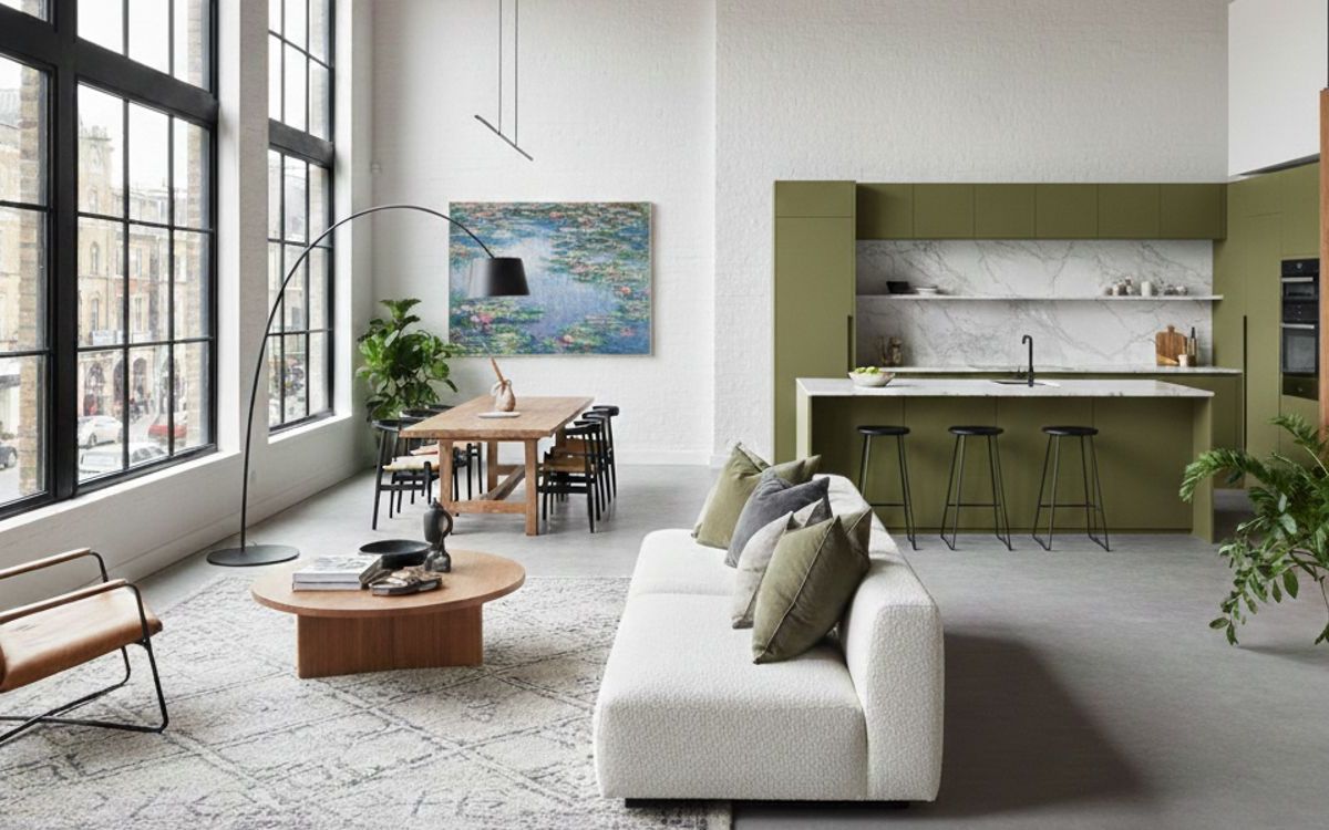 Living open space con cucina a vista impreziosito da arredamento firmato in offerta