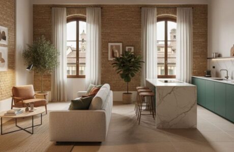 Zona giorno dall'atmosfera calda con divano e cucina con isola in marmo