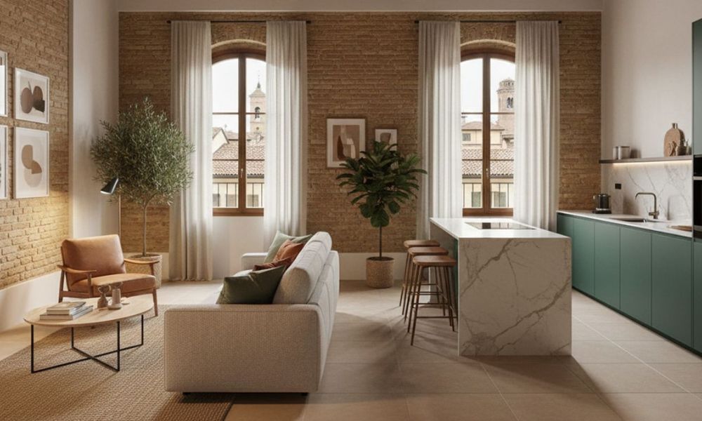 Zona giorno dall'atmosfera calda con divano e cucina con isola in marmo