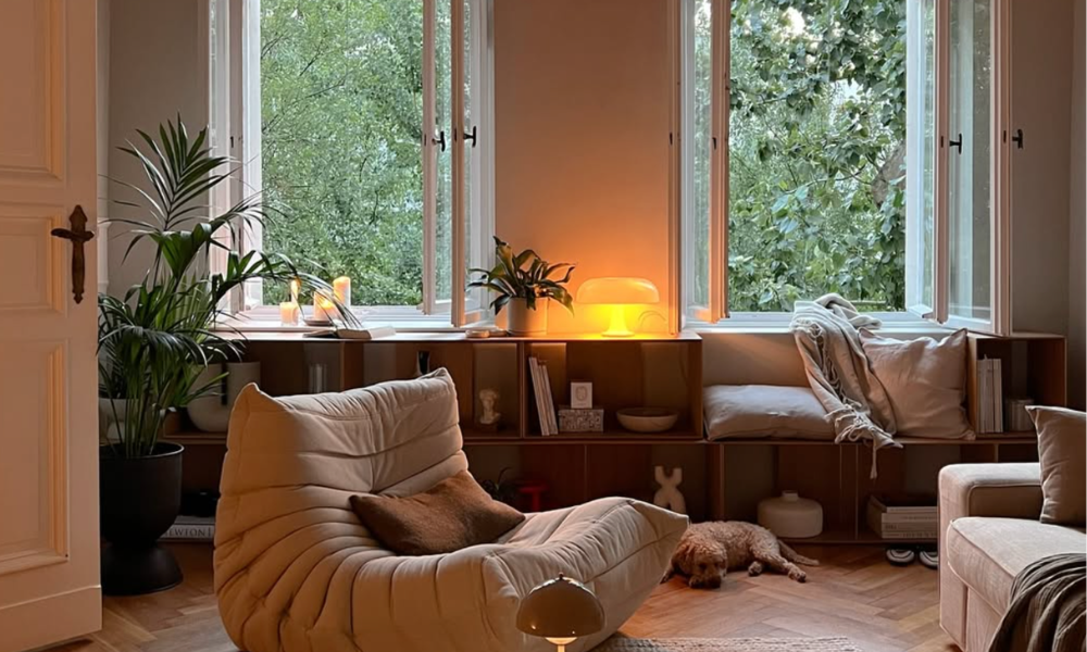 Soggiorno accogliente con grandi finestre aperte sul verde, seduta imbottita color crema, libreria bassa sottofinestra con cuscini e lampade soffuse. L’ambiente, arredato con piante e dettagli minimal, crea un angolo relax luminoso e raccolto in dialogo con il paesaggio esterno.